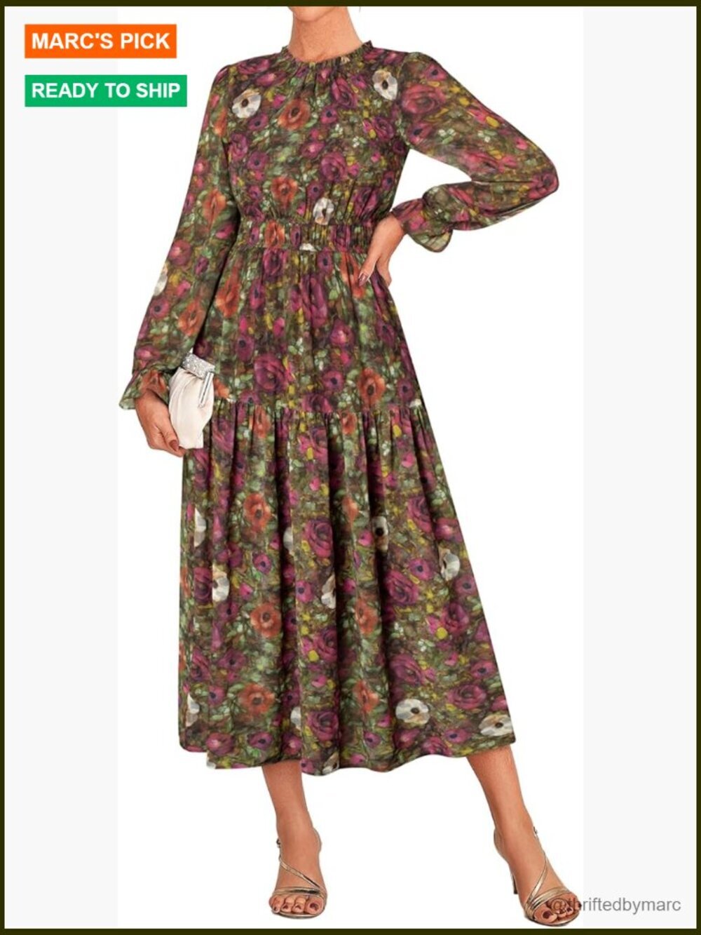 Women's Long Sleeve Chiffon Maxi Dress with Pockets Flowy